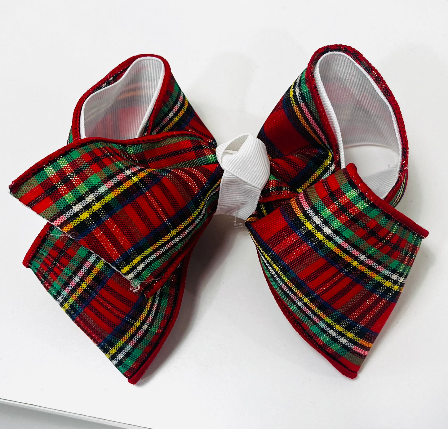 Christmas Plaid lined White Bow 5”