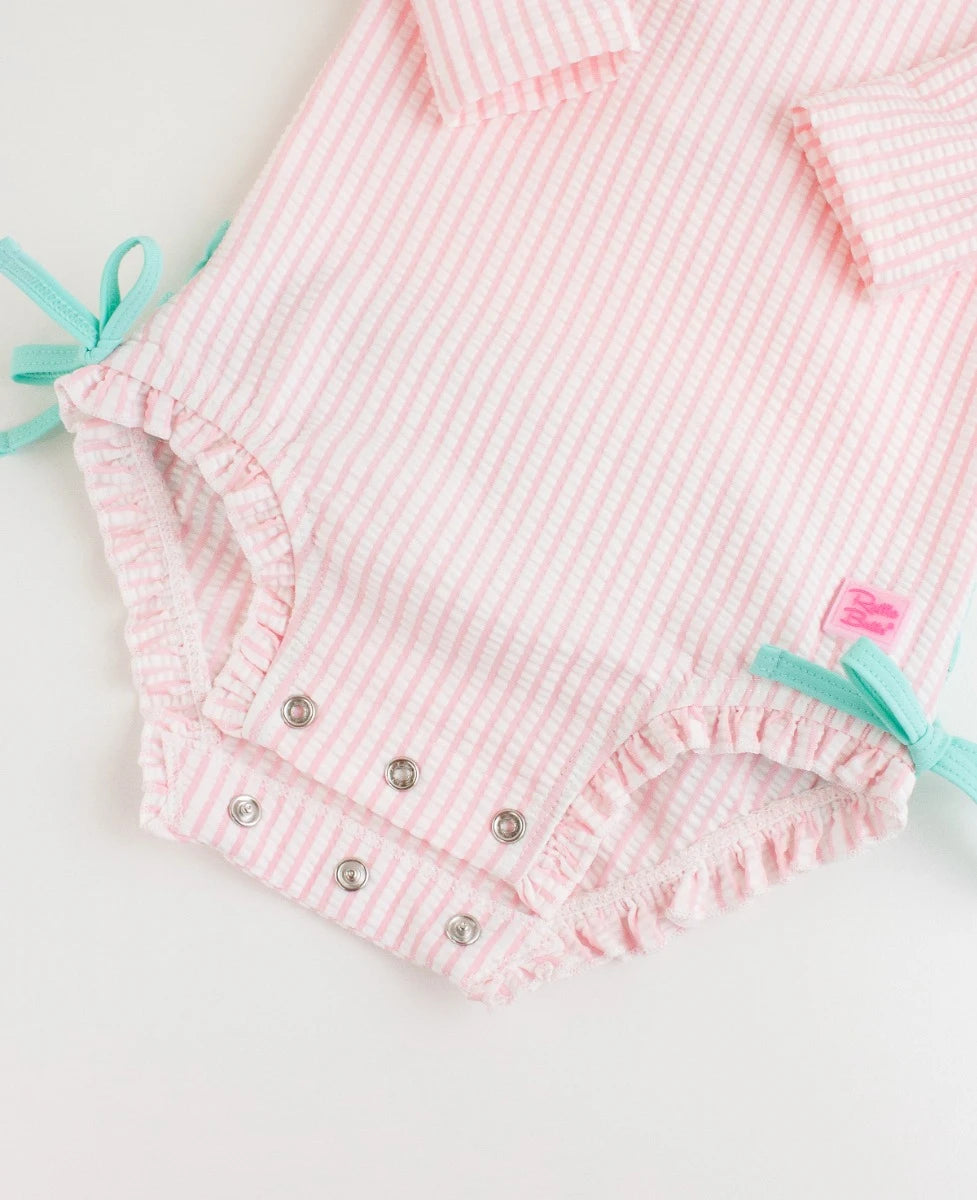 Pink Seersucker LS One Piece Rash Guard