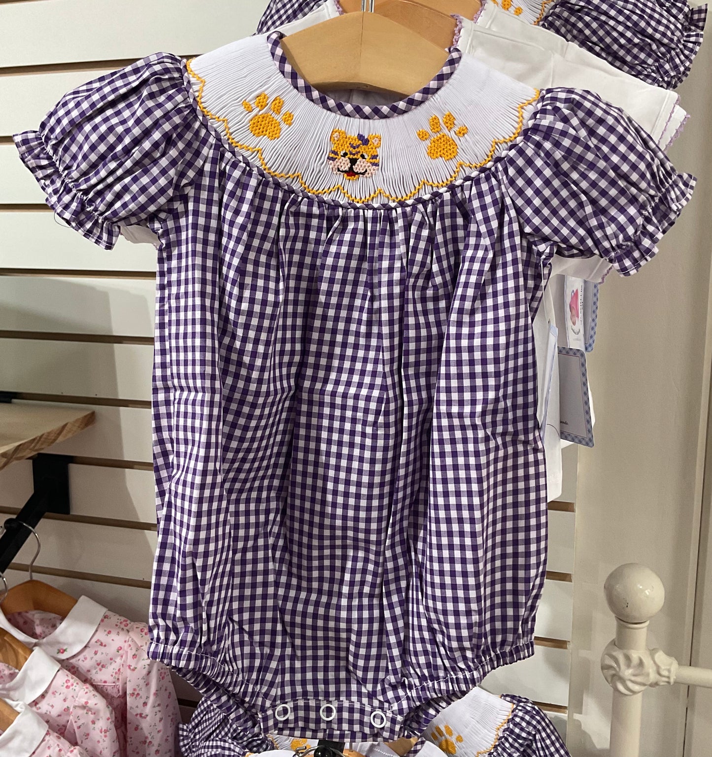 Purple Gingham Smocked Bubble