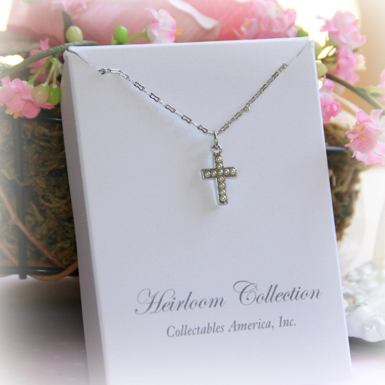 Rhodium Seed Pearl Cross Necklace- RH 18