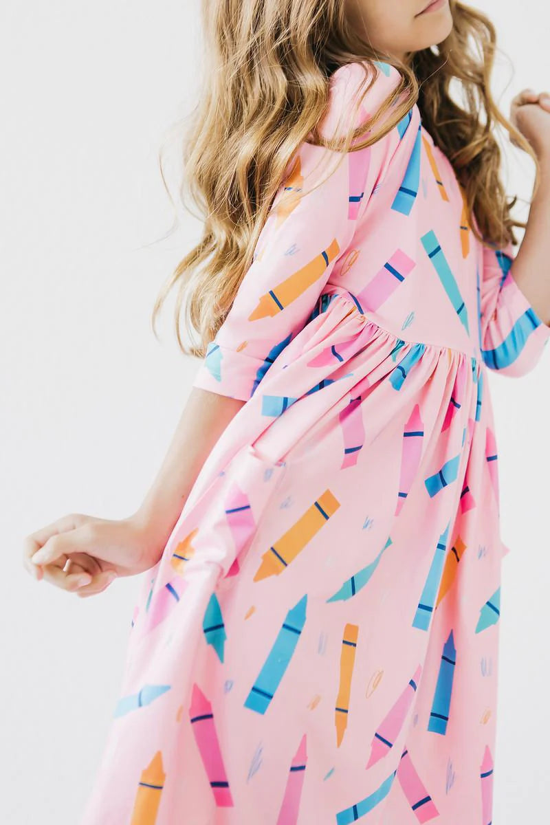Color Crayons 3/4 Sleeve Pocket Twirl Dress