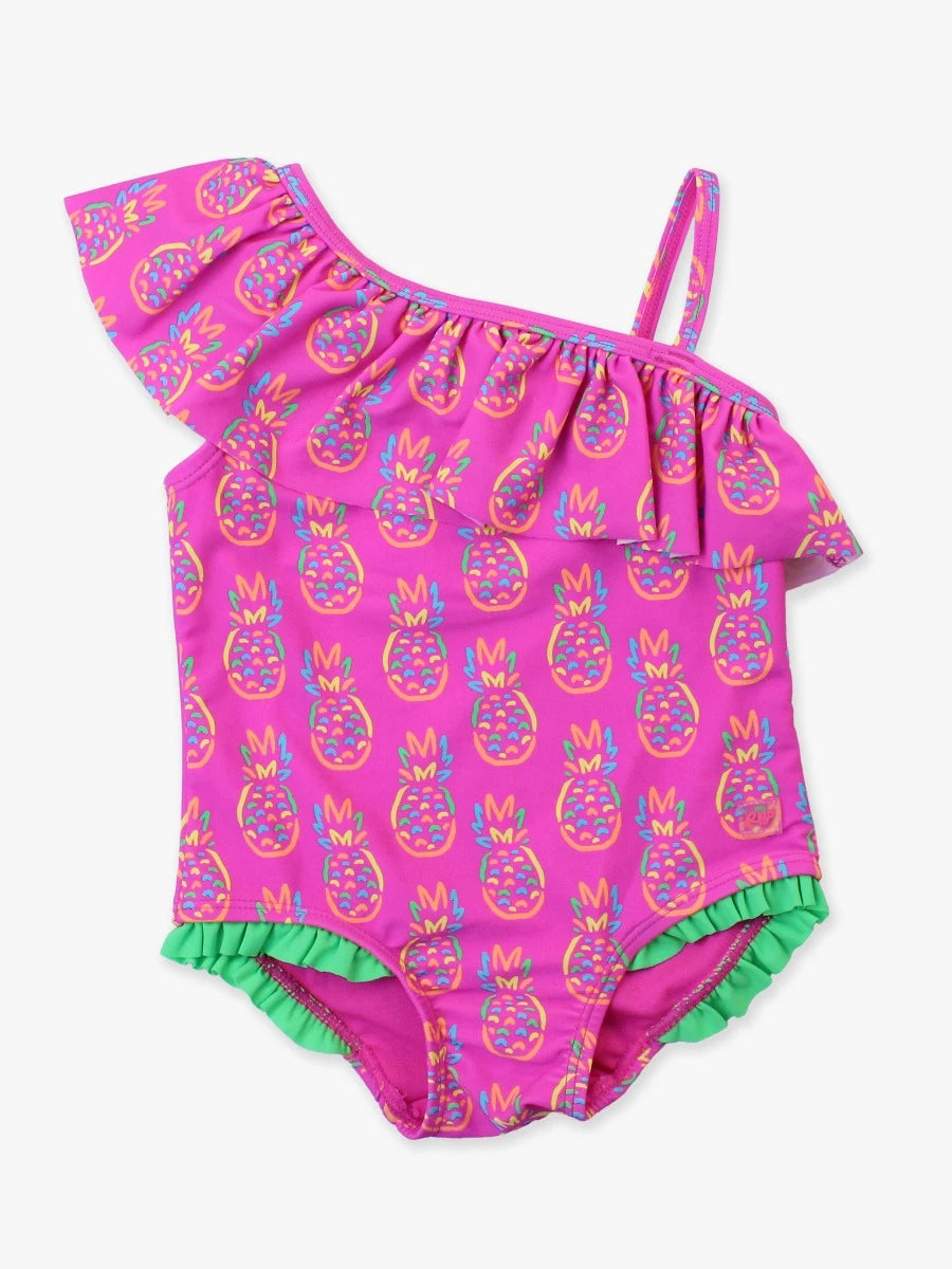 Neon Violet Pineapple One Shoulder Ruffle One Piece Swimsuit