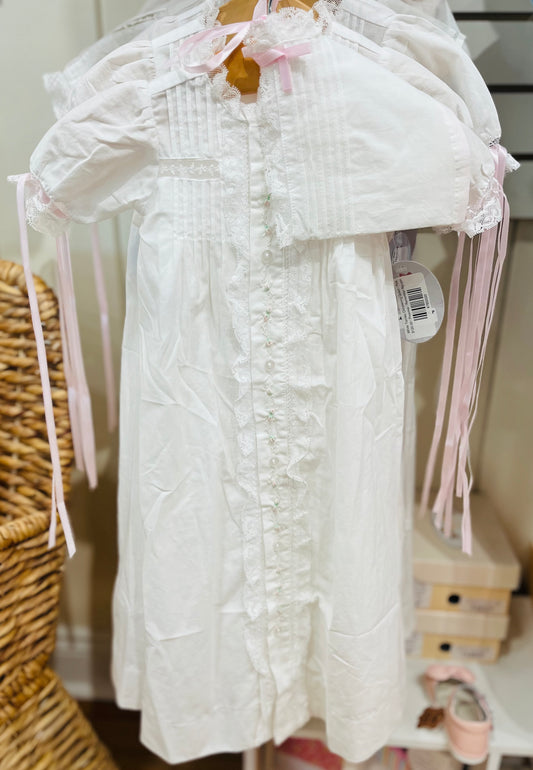 White Tierney Christening Gown - Pink