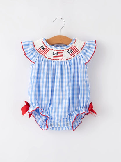 4th of July Flag Embroidery Smocking Girls Romper