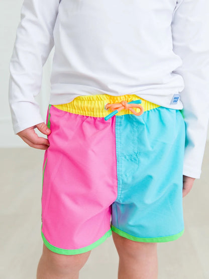 Neon Color Block Dolphin Hem Swim Trunks