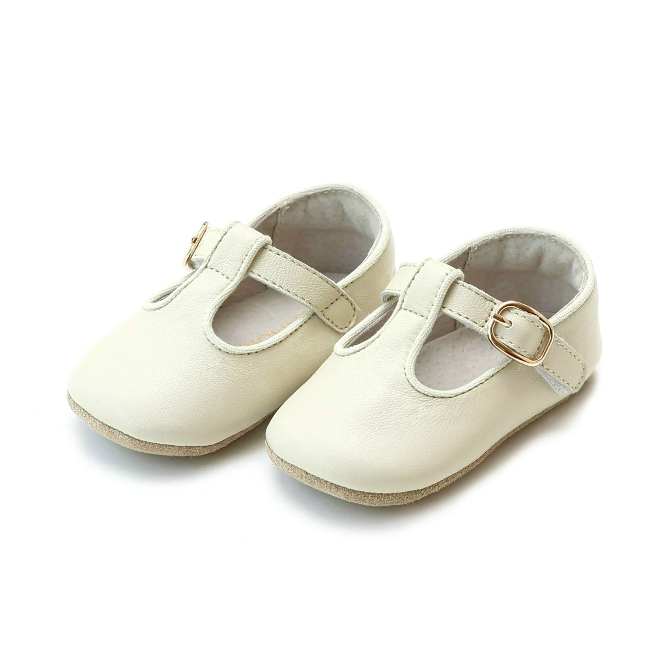 Evie Napa Leather T-Strap Mary Jane Crib Shoe- Beige