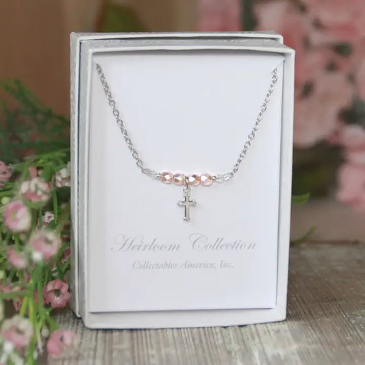 Pastel Pink Faceted Pearl Cross Necklace CJ-603