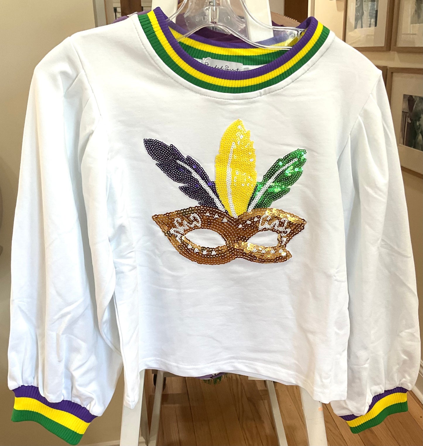 Patch Sweatshirt w/Puff Sleeve - Mardi Gras Mask