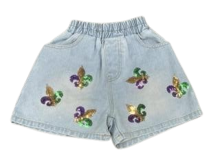 Denim Fleur De Lis Sequin Shorts