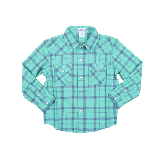 Blue & Green Plaid Flannel Pearl Snap Shirt