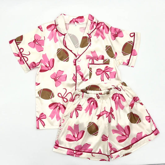 Football Bows Silky Pajamas Short Sets