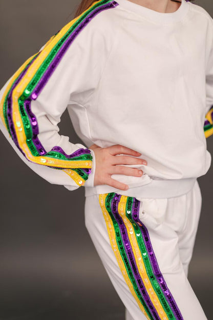 White Mardi Gras Jogger w/Side Sequins