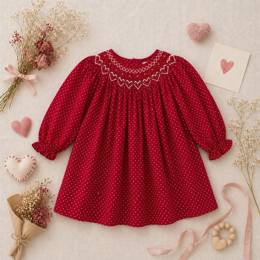 Red Heart Shaped Bishop Smocked dress