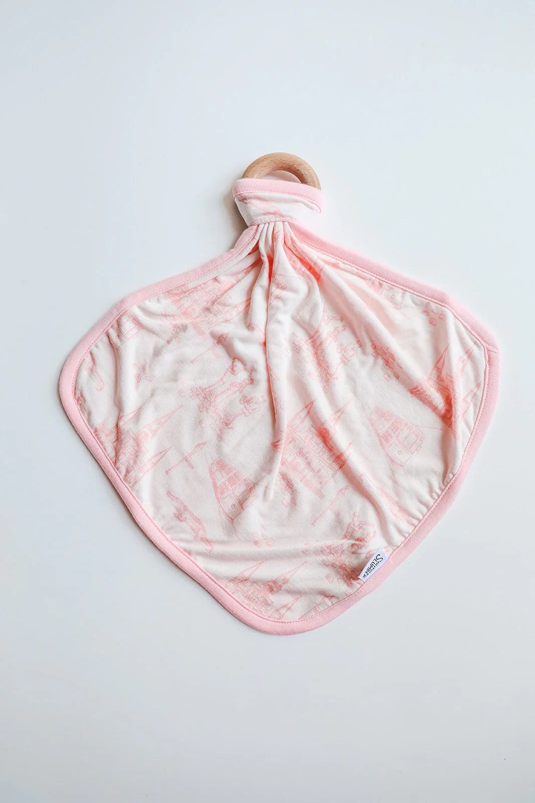 Pink Toile Lovie. W/Wooden Ring