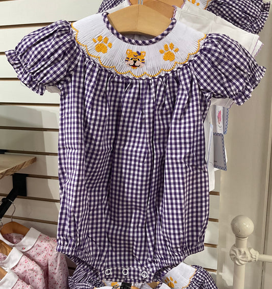 Purple Gingham Smocked Bubble
