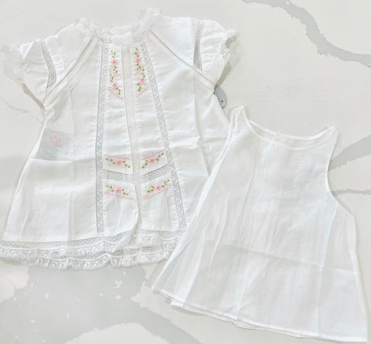 White Amélia Dress w/Pink Embroidery