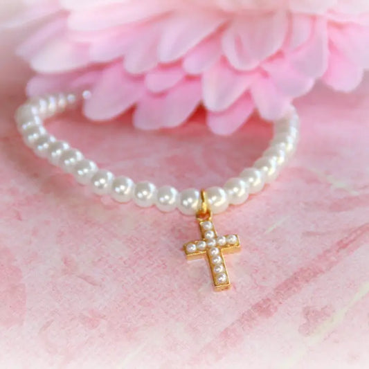 Girl Classic Gold Cross Pearl 6" Bracelet CJ-487