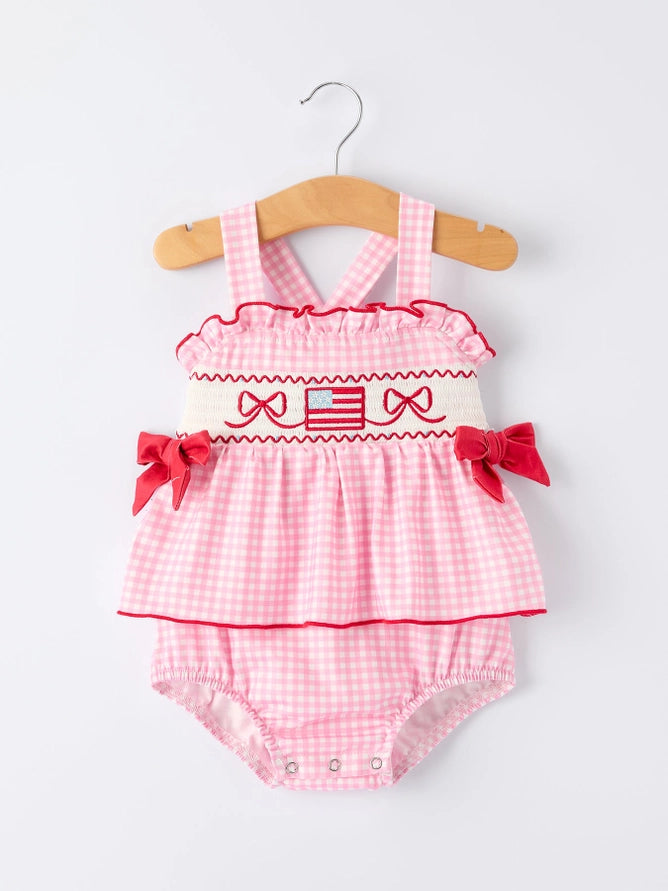 4th of July Plaid Girls Romper Bow Ruffle