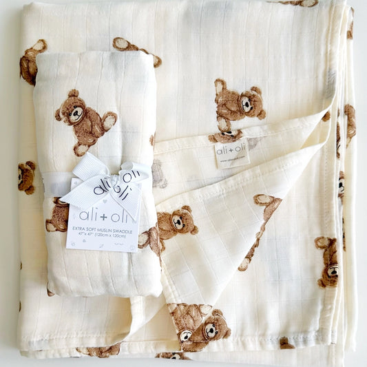 Bamboo Muslin Swaddle Baby Blanket (Teddy Bear)