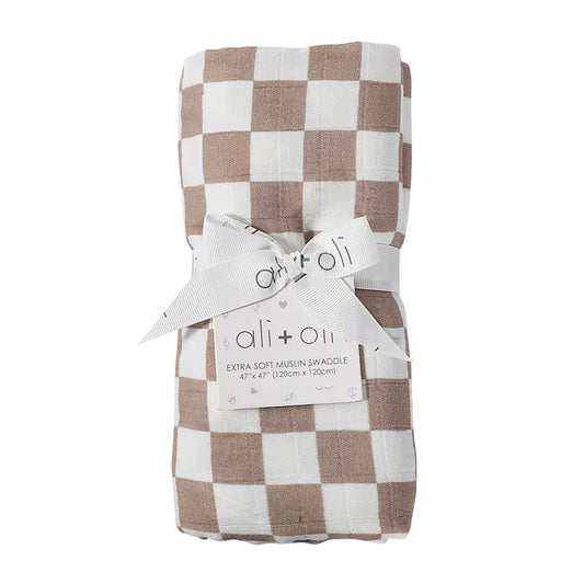 Bamboo Muslin Swaddle Blanket (Mocha Checkers)