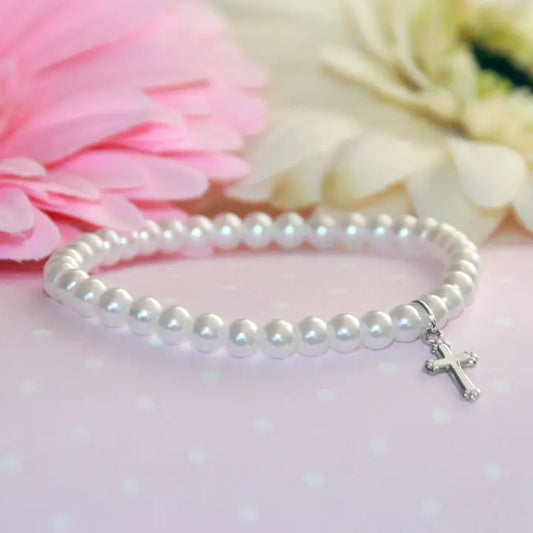 Rhodium Cross Pearl Stretchy 5" Bracelet CJ-5035