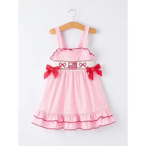 4th of July Plaid Girls Dress Bow Ruffle