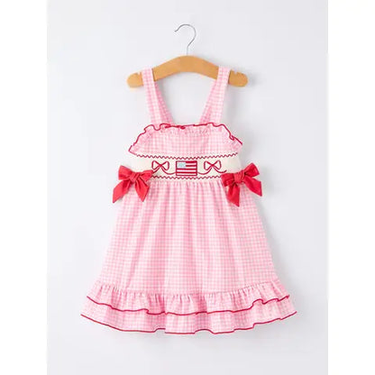 4th of July Plaid Girls Dress Bow Ruffle