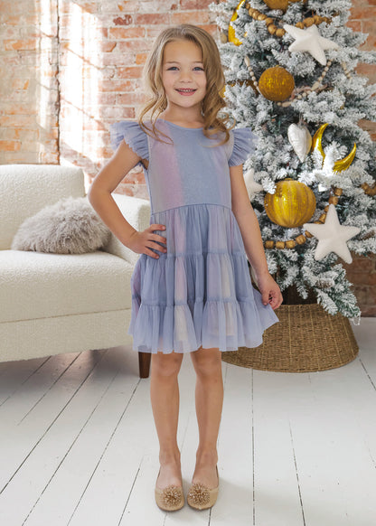 Phoenix Tiered Soft Tulle & Sparkling LS Knit Dress