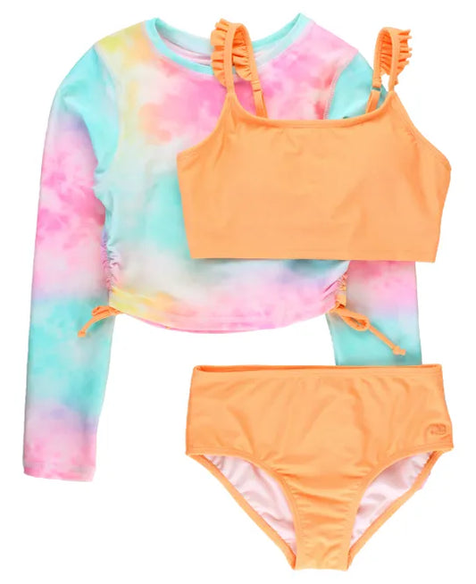 Rainbow Tie Dye Cropped LS Rash Guard 3 Pc